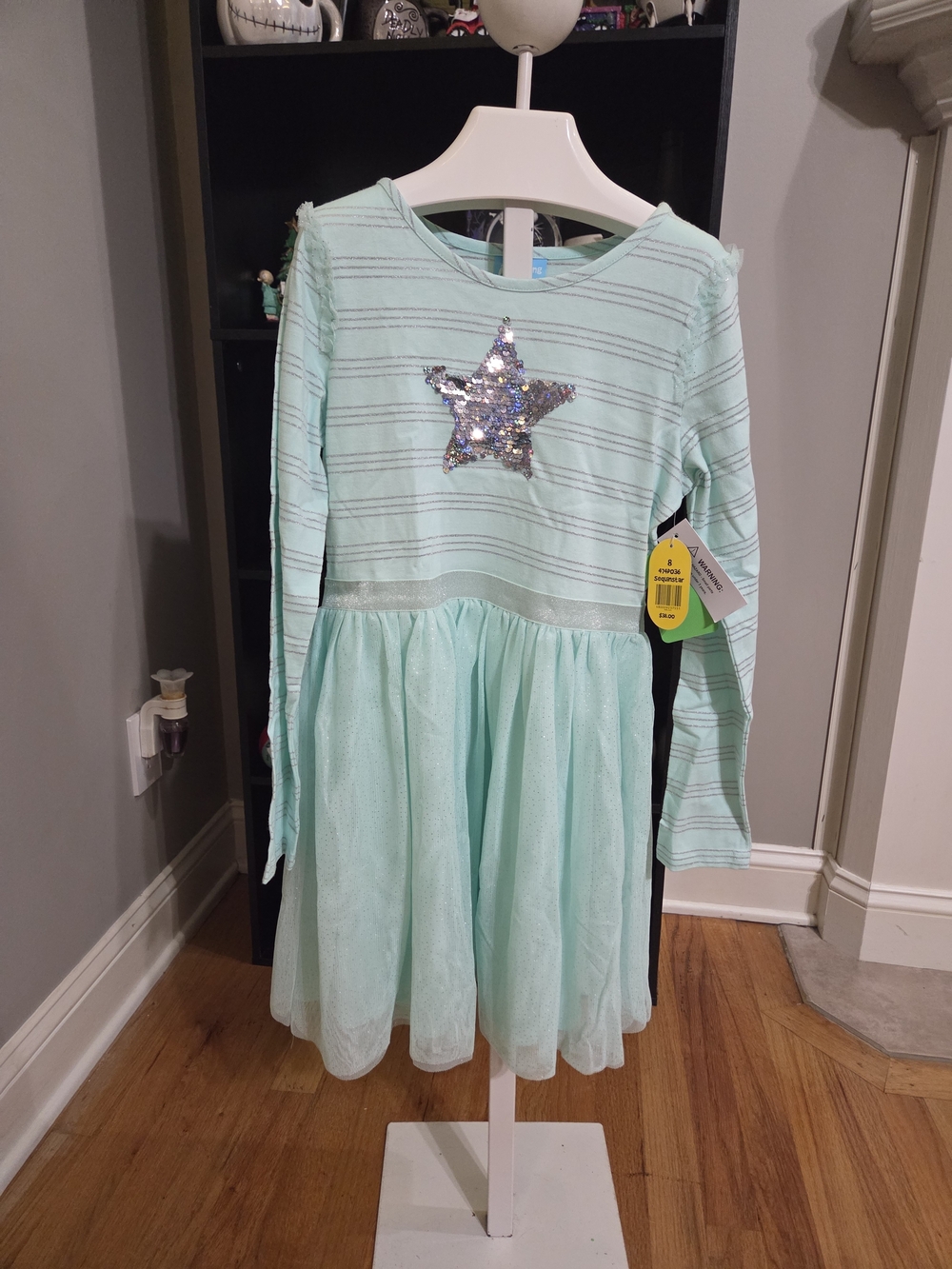 Girls Mint Green Sequin Star Long Sleeve Tulle Dress